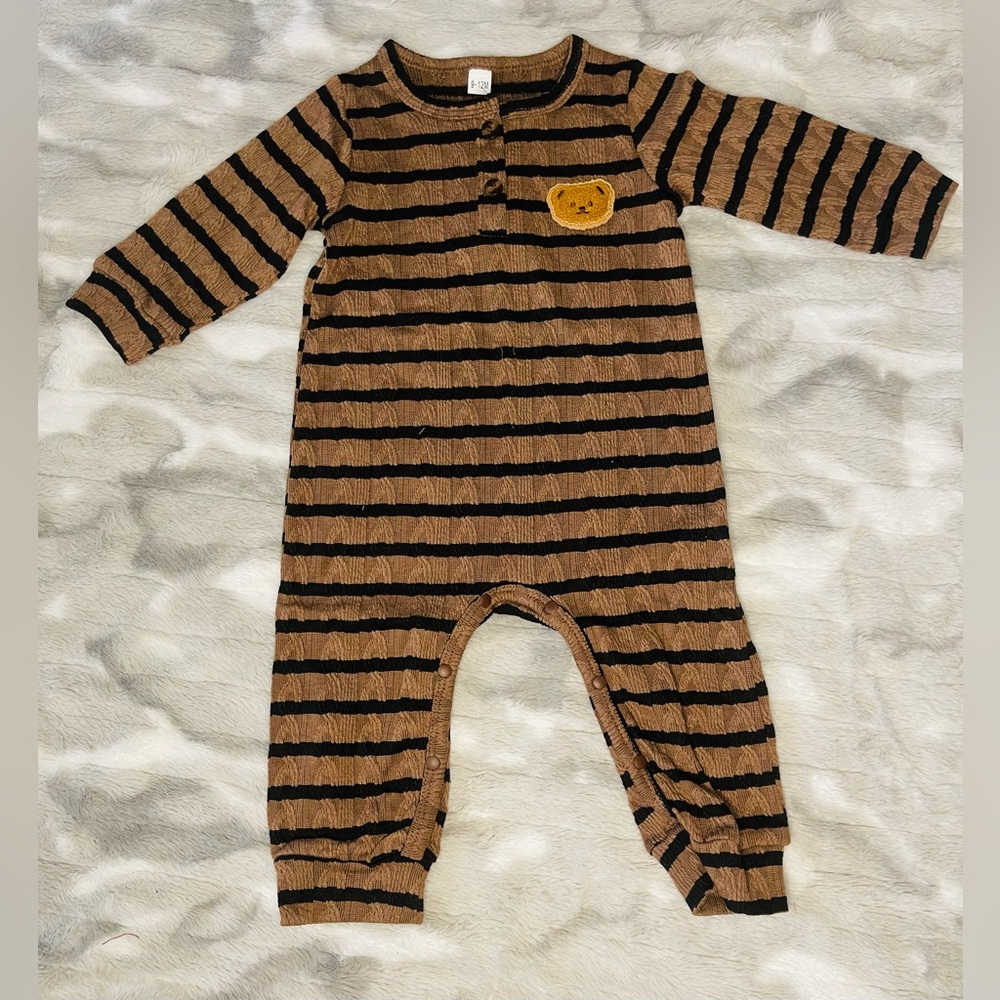 Cozy Striped Kids Footie with Bear Patch